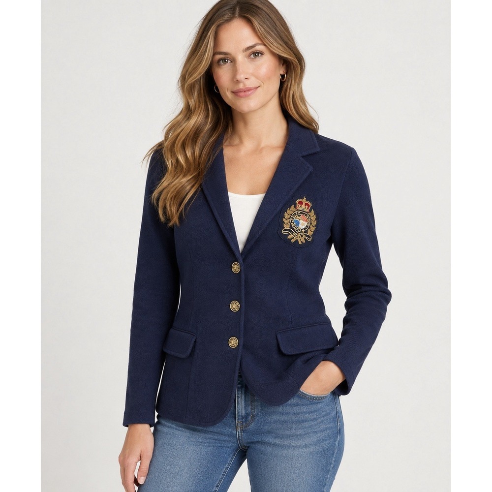 Lauren Ralph Lauren Navy Knit Blazer Crest Gold Buttons Women's M Preppy